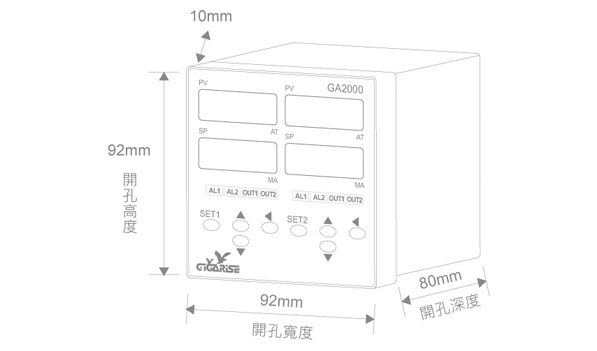 GA2000多功能雙顯示PID警報控制器外型尺寸圖