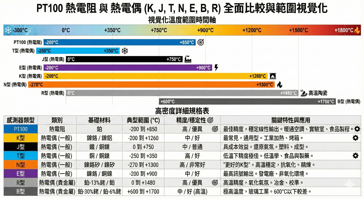 感溫棒常見型號的特性對照表